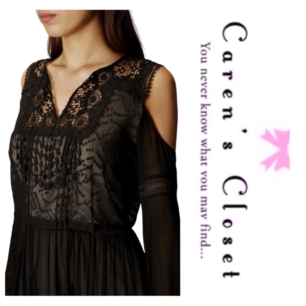 Karen Milan Black Chiffon Lace Cold Shoulder Midi Cocktail Dress - Picture 3 of 10